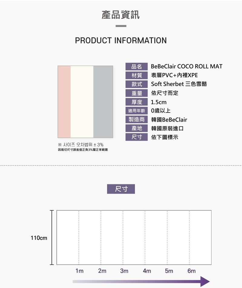 韓國 BeBe Clair - ROLL MAT-加大款-三色雪酪-300*110*1.5cm