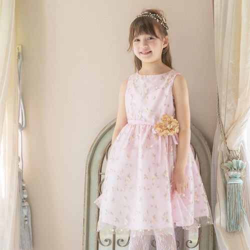 日本 Catherine Cottage - 精緻花朵刺繡薄紗洋裝/小禮服-附繡球花別針-粉紅