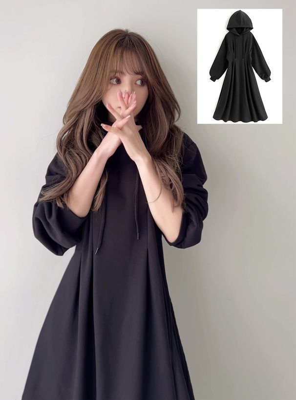 日本 GRL - 休閒感收腰連帽長袖洋裝-黑 (F)