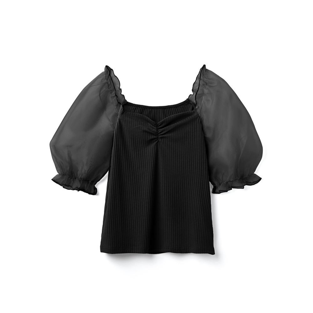 日本 GRL - 異材質薄紗澎澎袖羅紋上衣-時尚黑