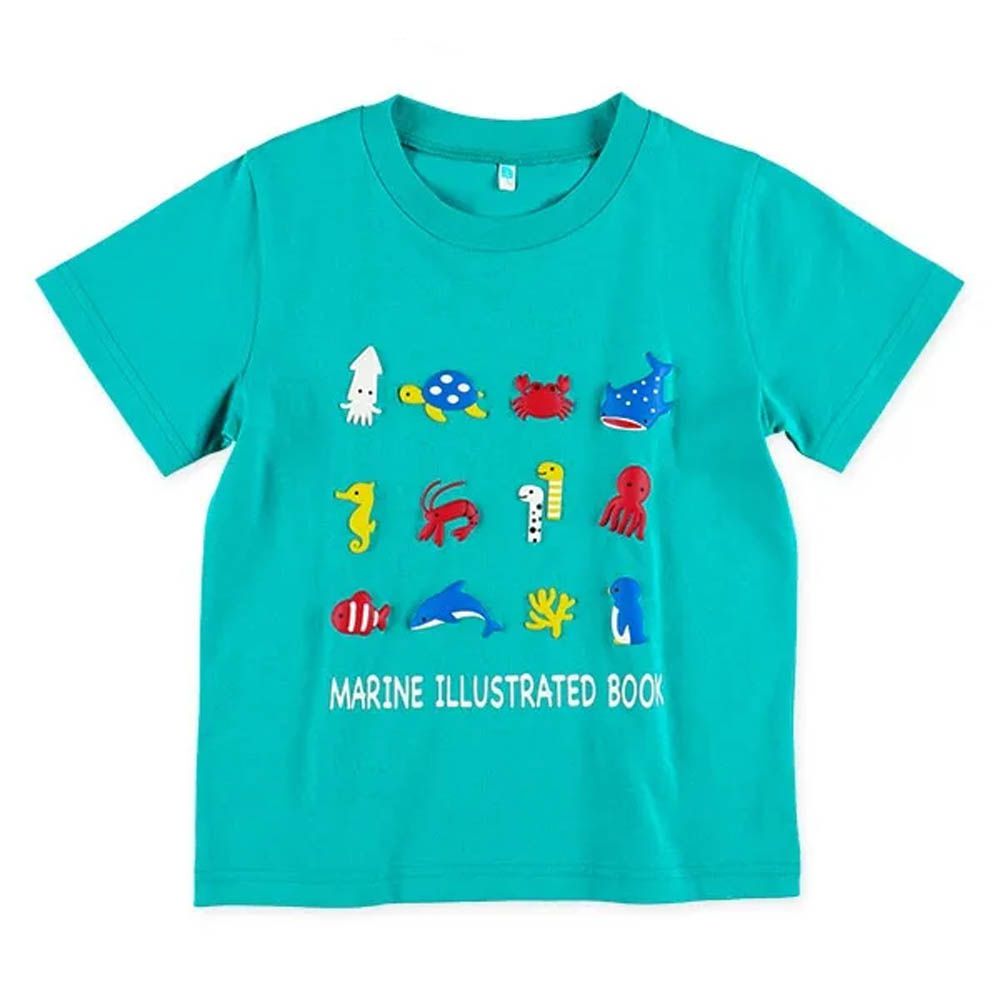 彩色立體印花短袖上衣-海洋動物-藍綠