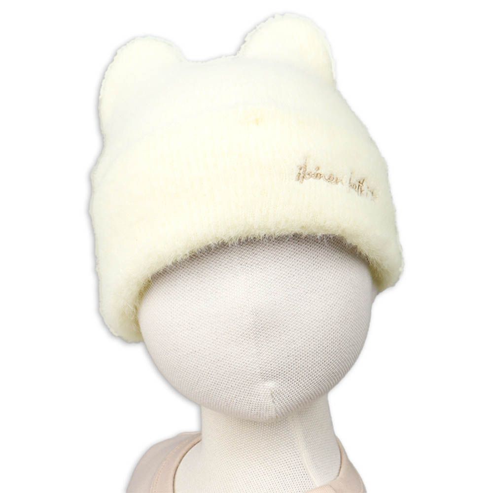 貓耳針織帽-刷毛-米白色