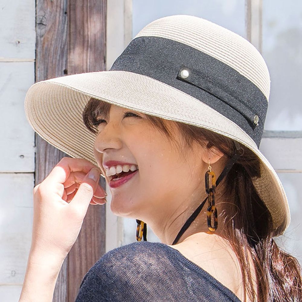 日本 irodori - 抗UV可捲收 大緞帶遮陽草帽(附防風帽帶)-米白x黑緞帶