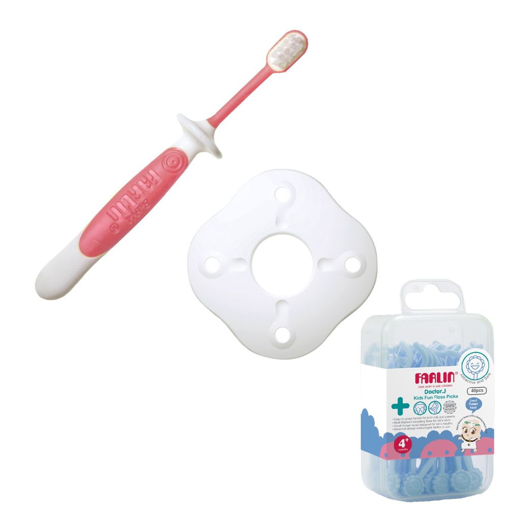FARLIN - 嬰兒練習牙刷(附檔片/8m+)-粉-3入/組+牙線1盒(藍)