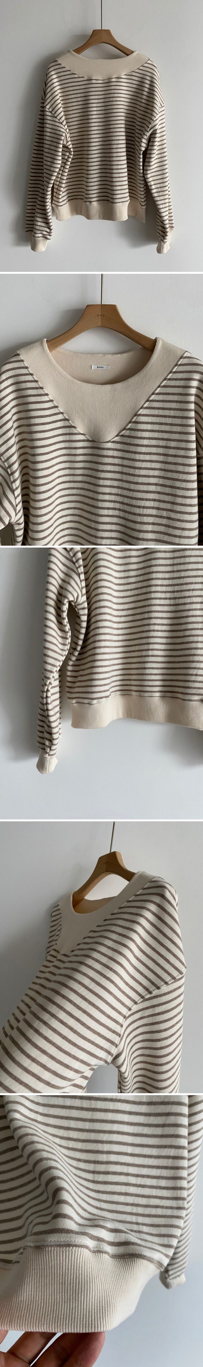 韓國女裝連線 - 假兩件細條紋長袖大學T-米X黑 (FREE)