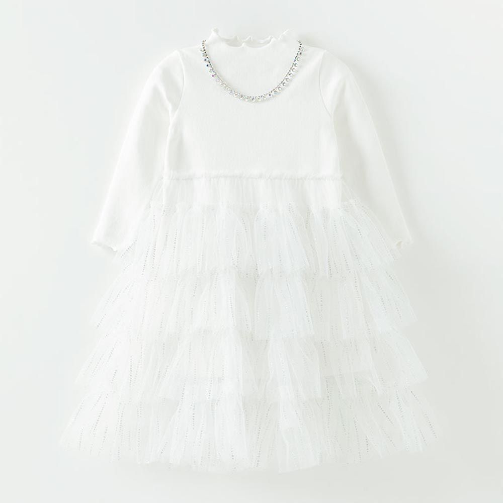 韓國 OZKIZ - (附項鍊)銀白天使層次網紗蛋糕裙洋裝-白