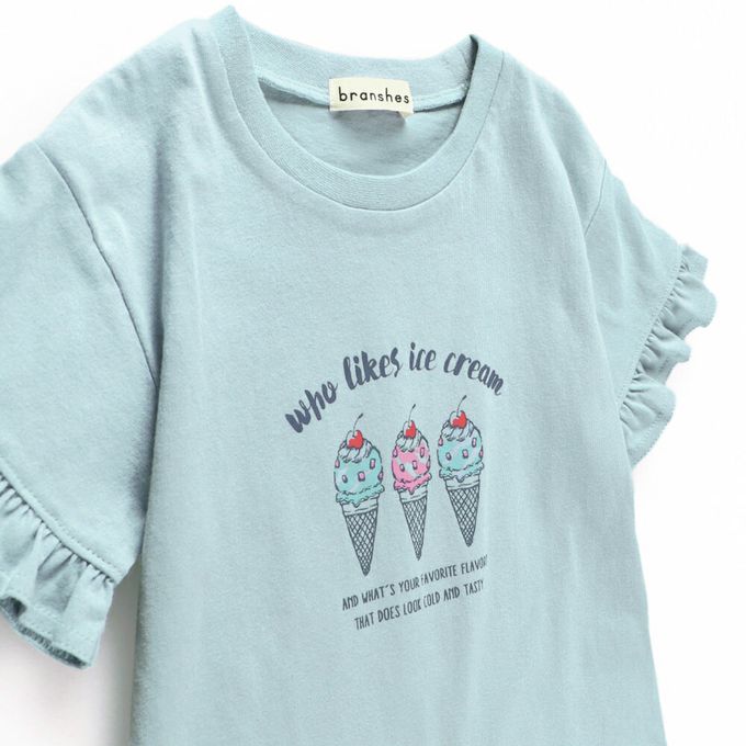 日本 BRANSHES - 純棉荷葉袖女孩印花短袖上衣-滿版蝴蝶結-象牙白