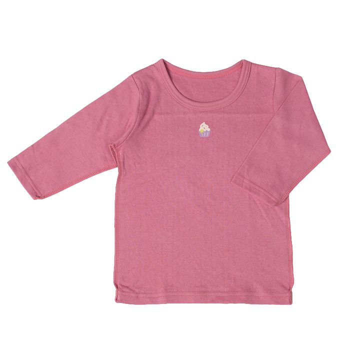 akachan honpo - 長袖圓領上衣2件組-蓬鬆棉 小熊&杯子蛋糕-粉紅色