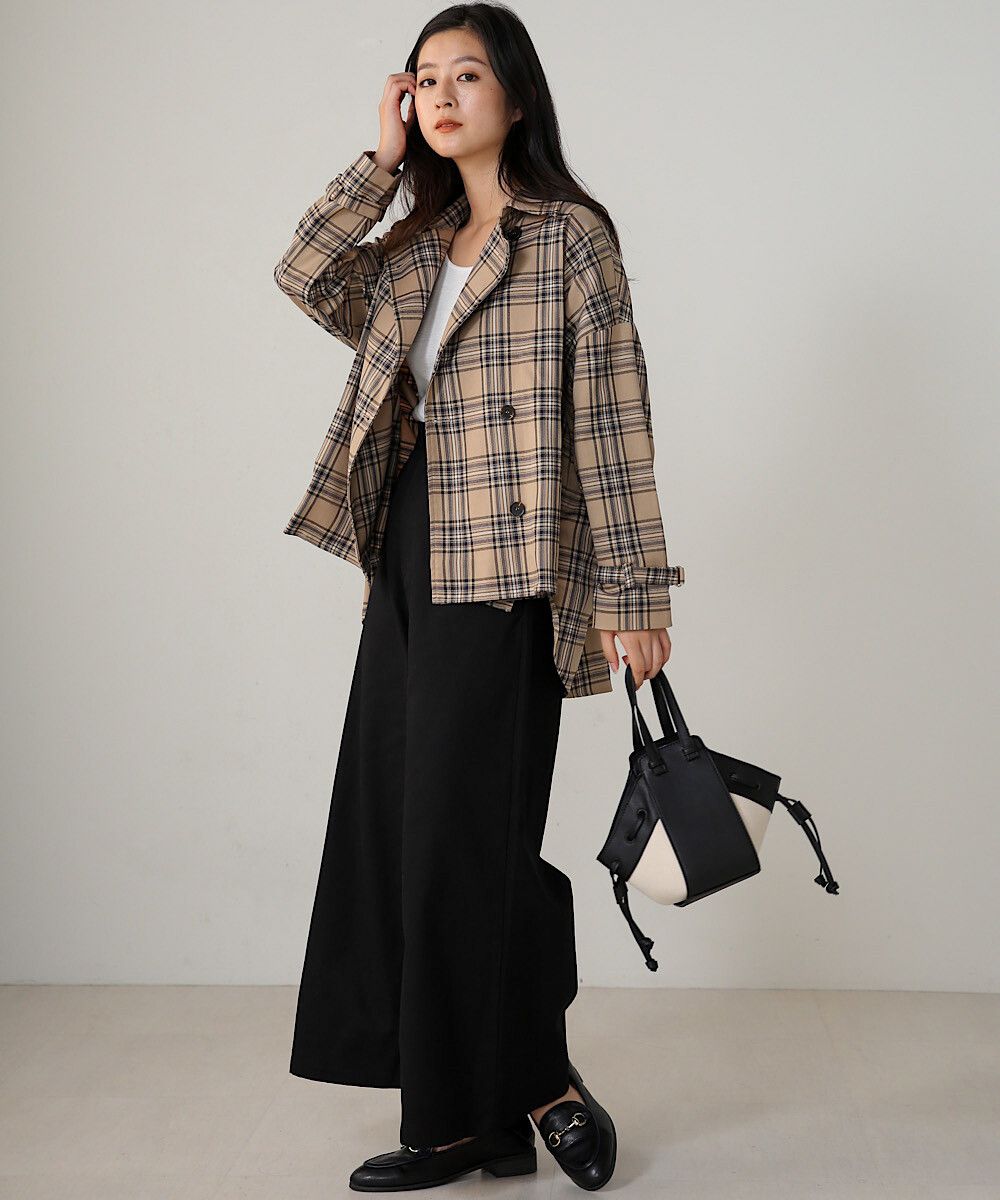 日本 Bou Jeloud - 休閒輕薄前短後長修身風衣外套-咖啡格紋