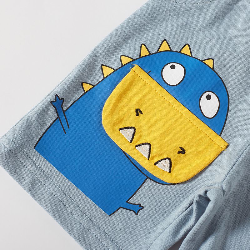 BE TOP - 純棉立體造型休閒短褲-戴口罩的恐龍-淺藍色