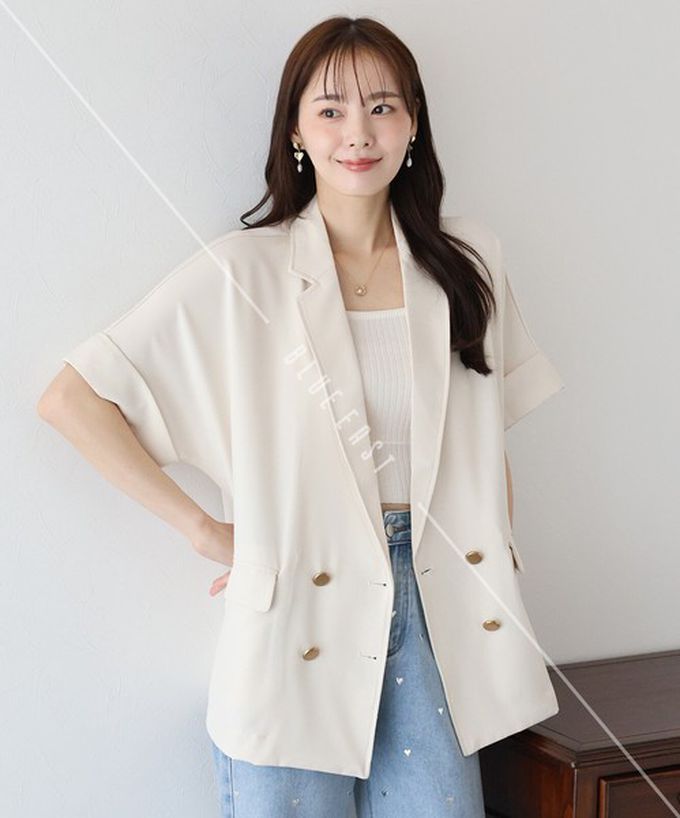 日本 BLUE EAST - 亞麻感氣質金釦短袖西裝外套-象牙白