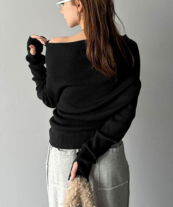 日本 Classical Elf - 華麗一字領羅紋長袖上衣(指孔設計)-紅