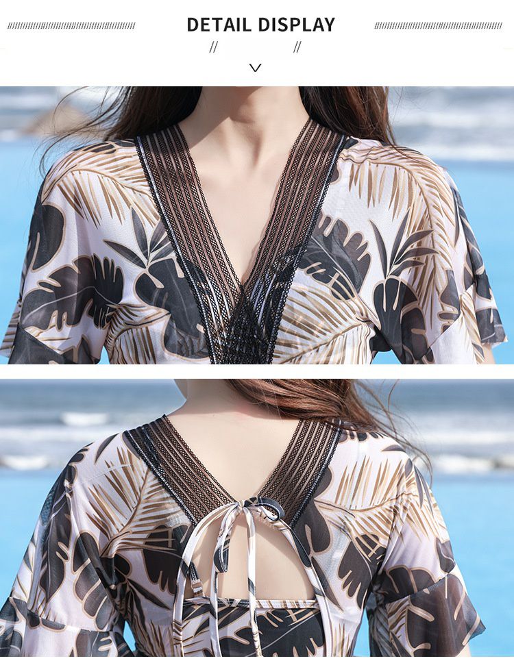 V領修身顯瘦露背連身裙泳衣-滿滿葉子-藍綠色