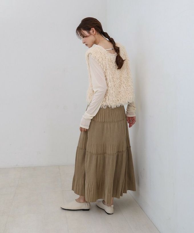 日本 Bab - 飄逸感絲滑絨面細摺長裙-象牙米