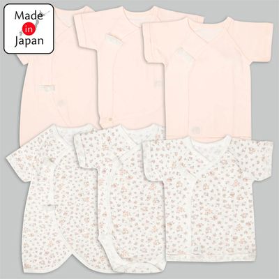 akachan honpo - 新生兒內衣6件組-短袖、7分袖 兔子-粉紅色 (50~60cm)-日本製
