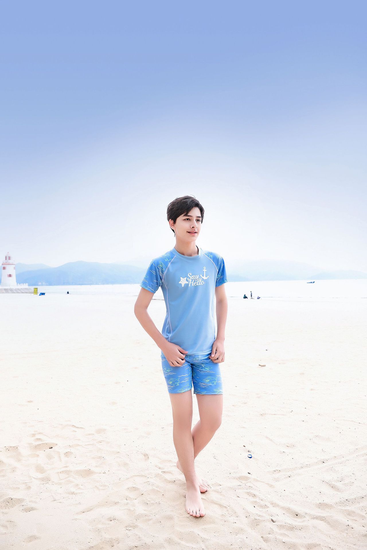 大童男孩短袖泳衣套裝(二件組)-星星船錨-淺藍色-泳衣、泳褲