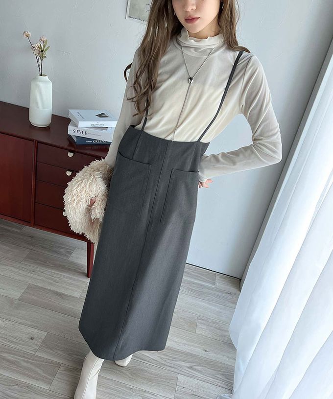 日本 Classical Elf - 前後2WAY簡約大口袋開叉吊帶裙-卡其