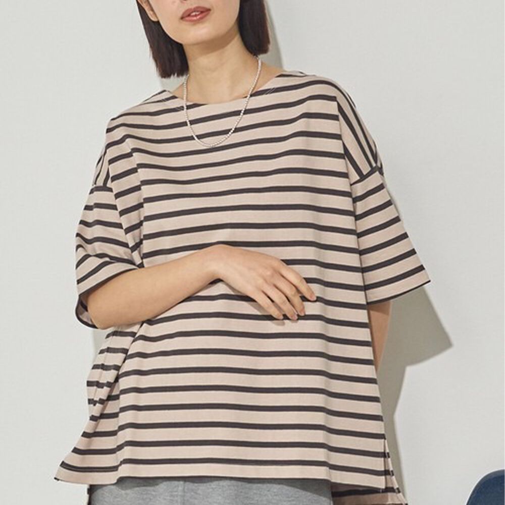 100%棉 定番條紋落肩五分袖上衣-卡其x深灰