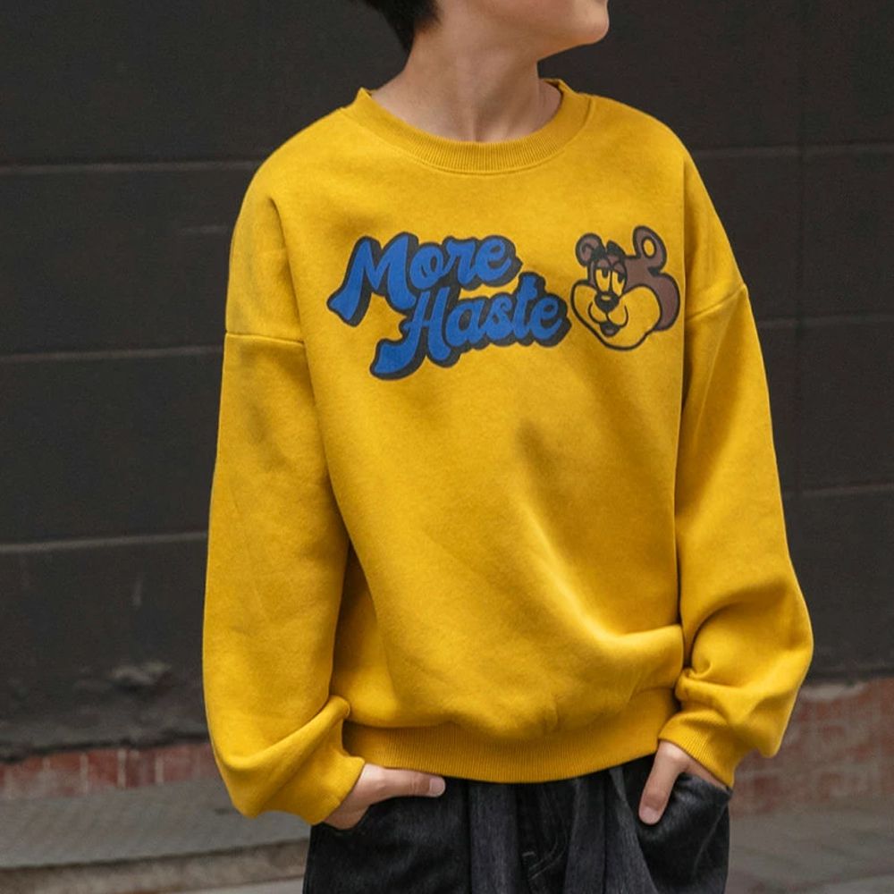 裏起毛 舒適縮口長袖上衣-小熊-芥黃