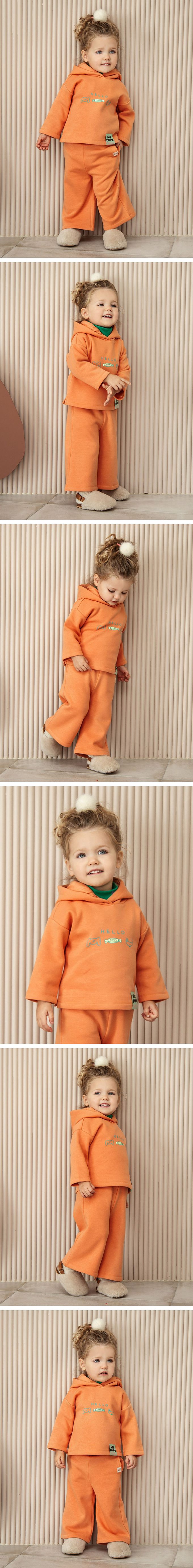 韓國Pimpollo - HELLO動物內裡磨毛長袖連帽套裝-橘