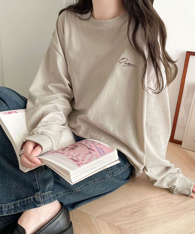 日本 Classical Elf - 胸口簡約刺繡純棉長袖上衣-灰粉