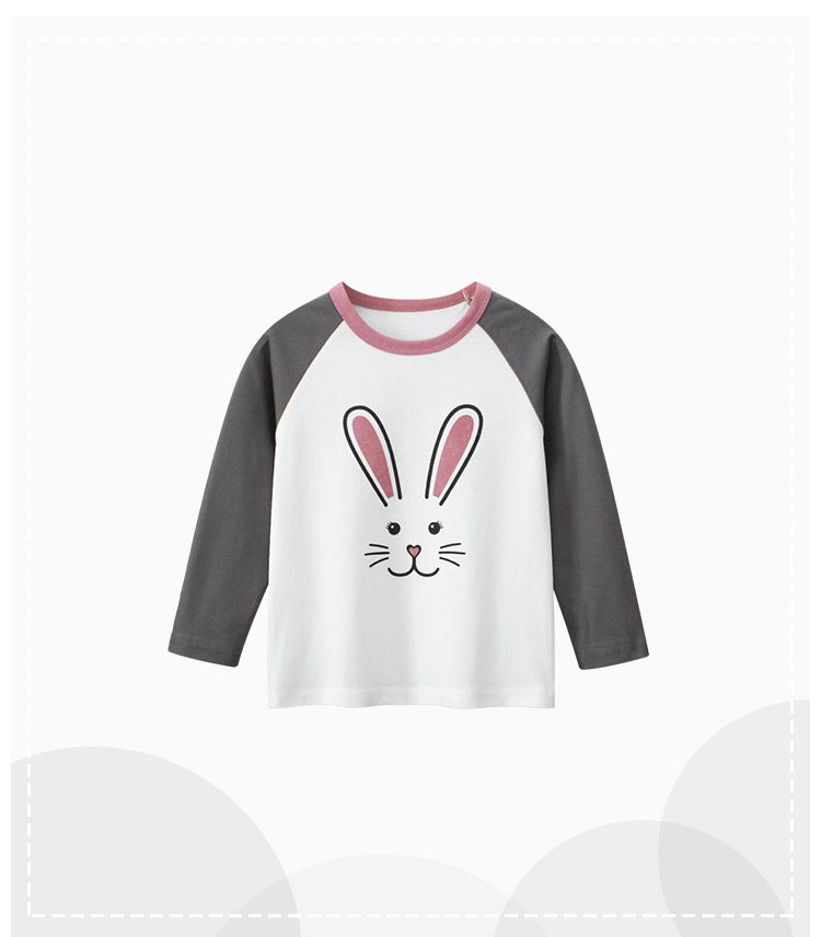 純棉圓領薄長袖上衣-兔兔臉-米白+深灰