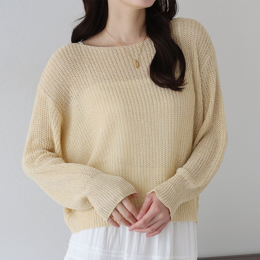 典雅船領閃爍亮片網眼針織上衣-米黃