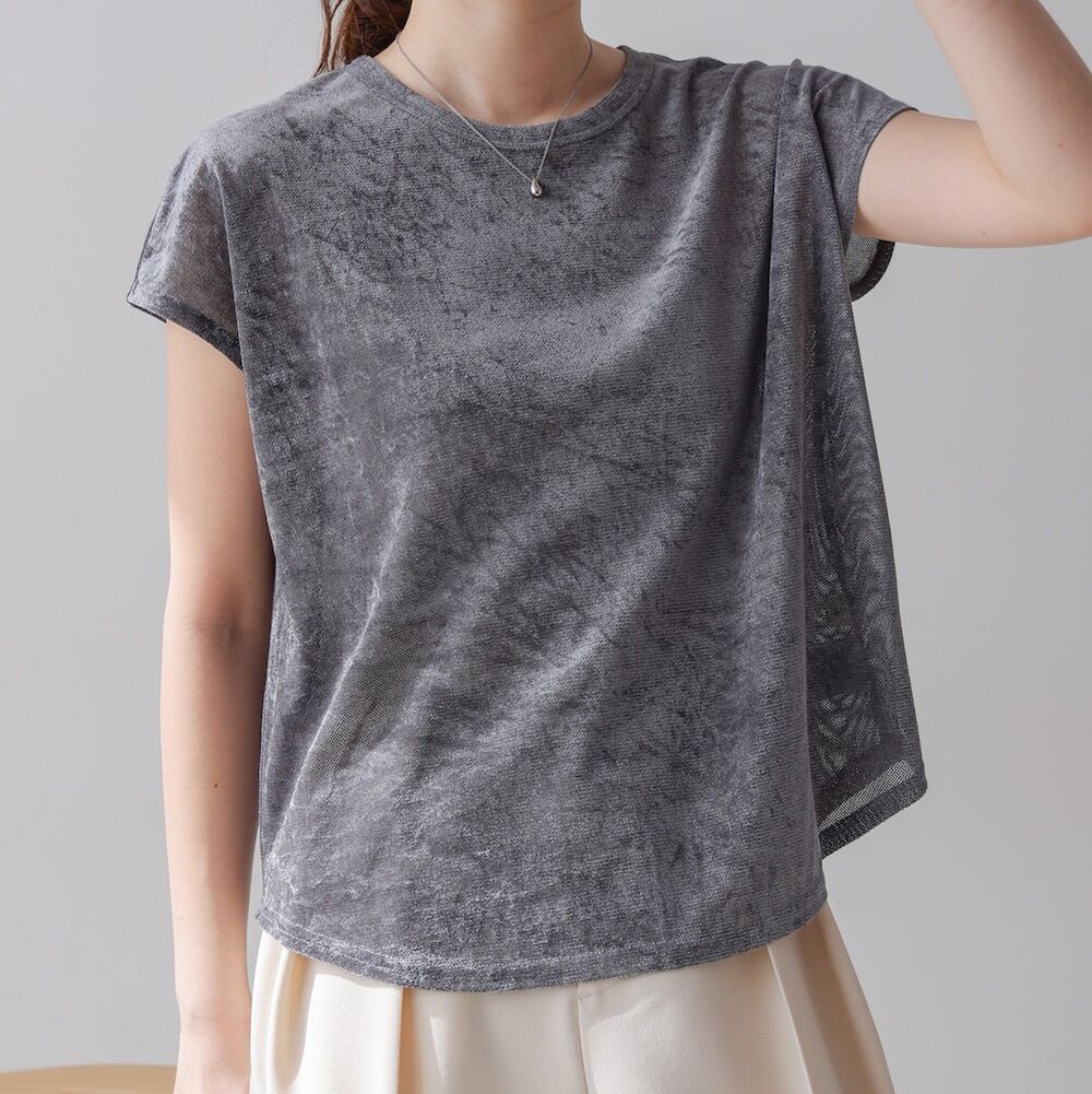 微透輕盈天鵝絨法式袖上衣-炭灰 (M)