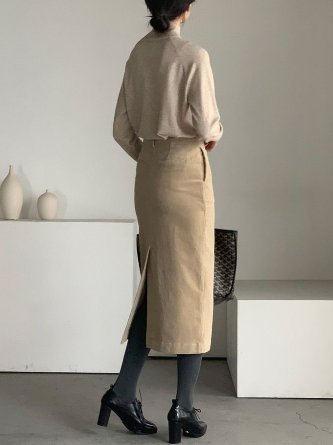 韓國女裝連線 - 薄燈芯絨直筒後開衩中長裙-淺卡其