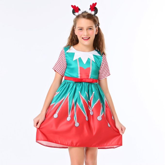 love, charlotte - 聖誕小精靈印花洋裝搭配頭飾組