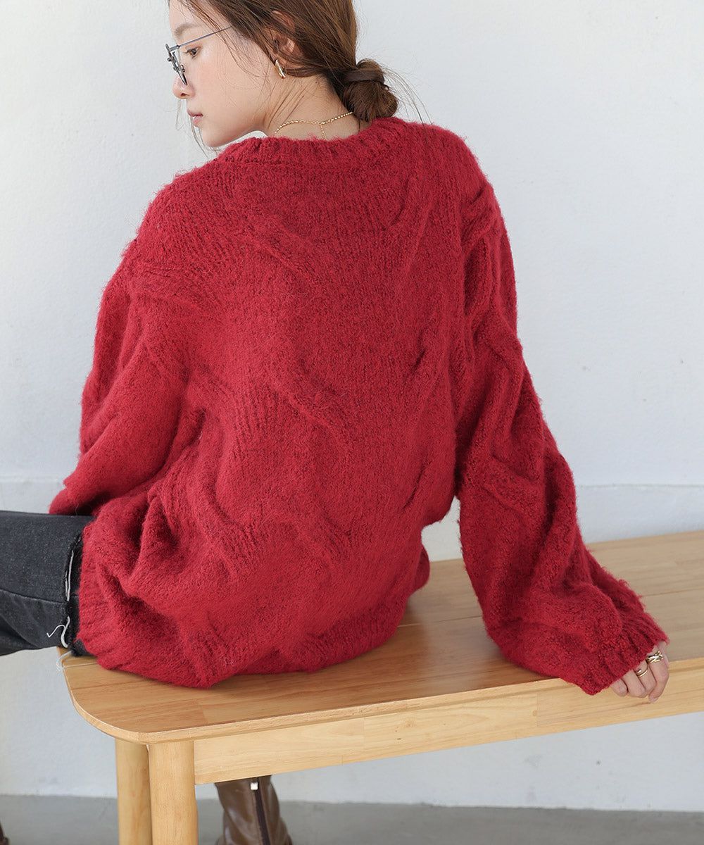 日本 Bab - 季節感立體麻花大寬袖針織上衣-深灰