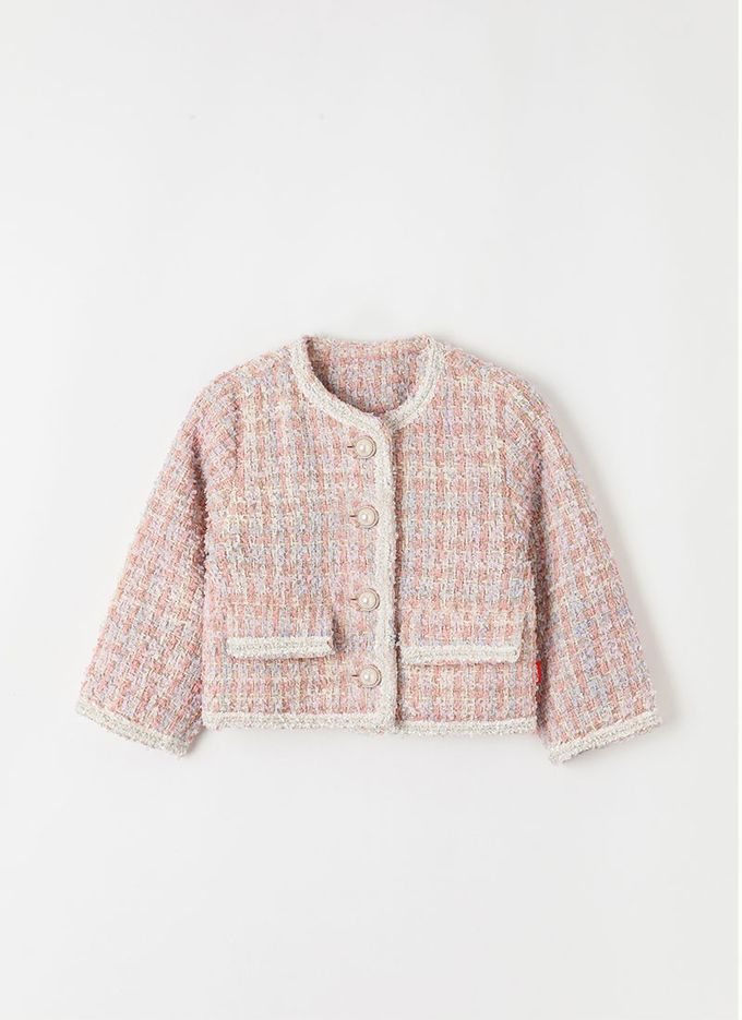 韓國 OZKIZ - 小香風珠扣無領編織外套-粉紫