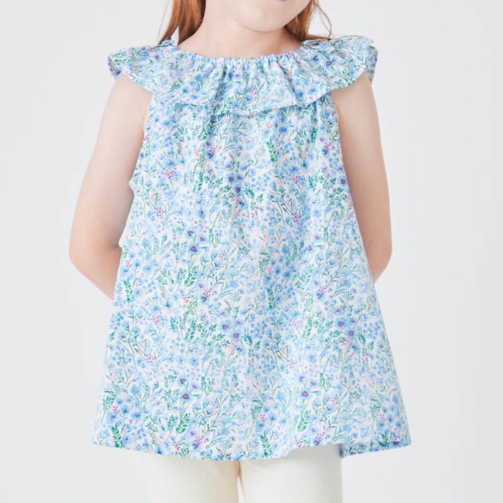 滿版花荷葉領無袖上衣-藍系