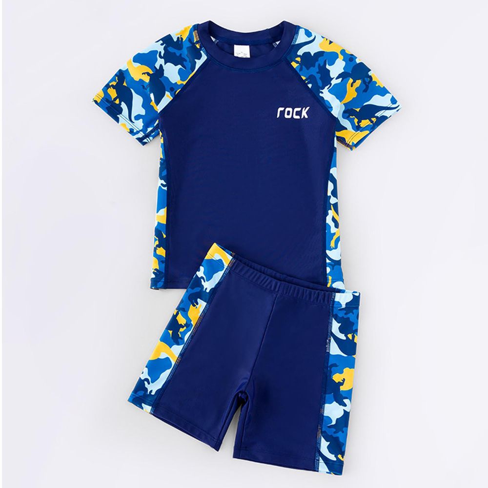 男寶短袖泳裝套裝-rock-淺藍+深藍+黃