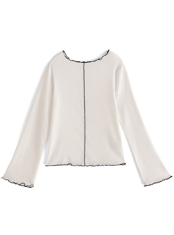 日本 GRL - 撞色木耳捲邊皺縮長袖上衣-黑x白 (F)