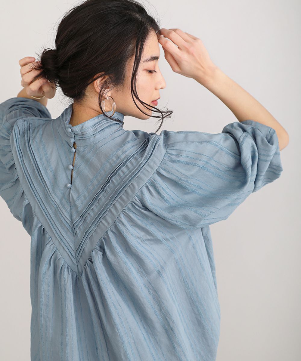 日本 Bou Jeloud - 小高領抓皺寬鬆前後2way長袖上衣-藍