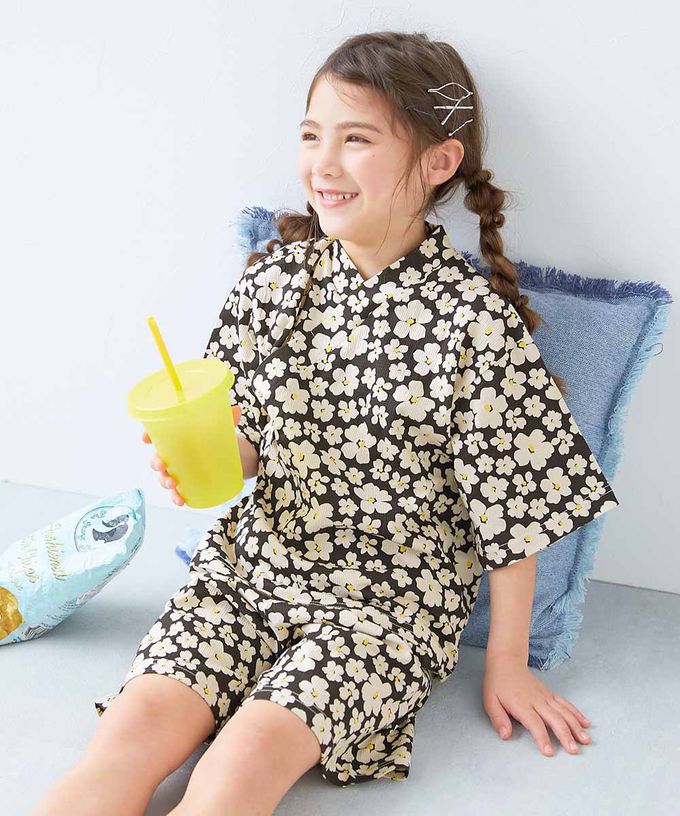 日本 devirock - 期間限定！夏日風情甚平套裝-花朵-黑