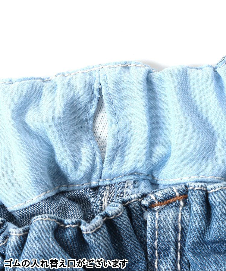 日本 BREEZE - 夏日祭典逗趣刺繡手巾牛仔短褲-幽默師匠-淺藍