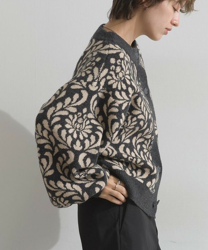 日本 Lupilien - 盛開花卉針織寬袖開襟衫/外套-橄欖綠