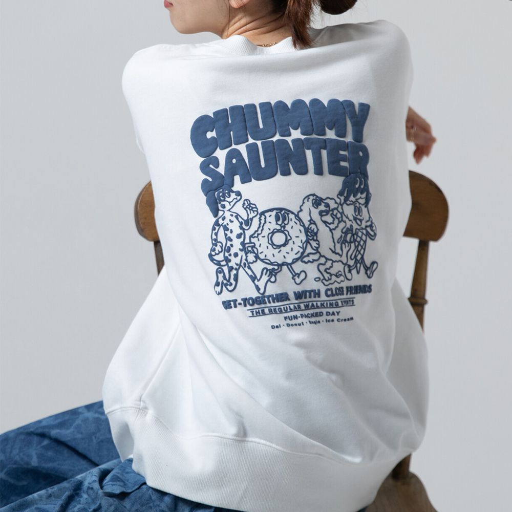 裏毛寬版甜點好友印花大學T-白x深藍