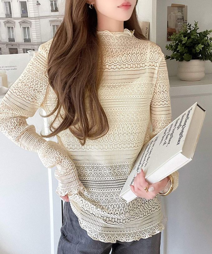 日本 Classical Elf - 鏤空蕾絲木耳邊小高領長袖上衣-炭灰