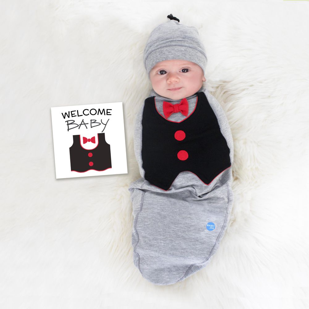 BABYjoe - 美國製純棉手工新生彌月包巾套組-大人物西裝先生-黑灰色 (適合0-4個月或7公斤以下新生寶寶)-150g