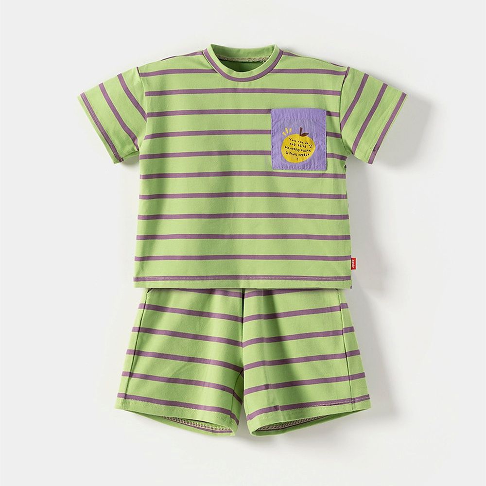 胸前水果口袋撞色條紋短袖套裝-綠X紫