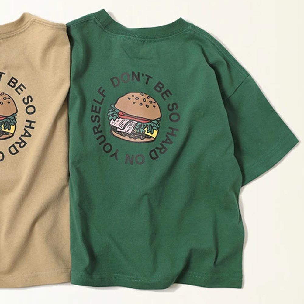日本 devirock - 100%棉 落肩款百搭印花短袖上衣-美味漢堡-草綠