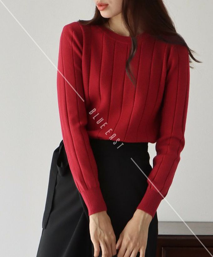 日本 BLUE EAST - 圓領粗坑條長袖針織上衣-酒紅
