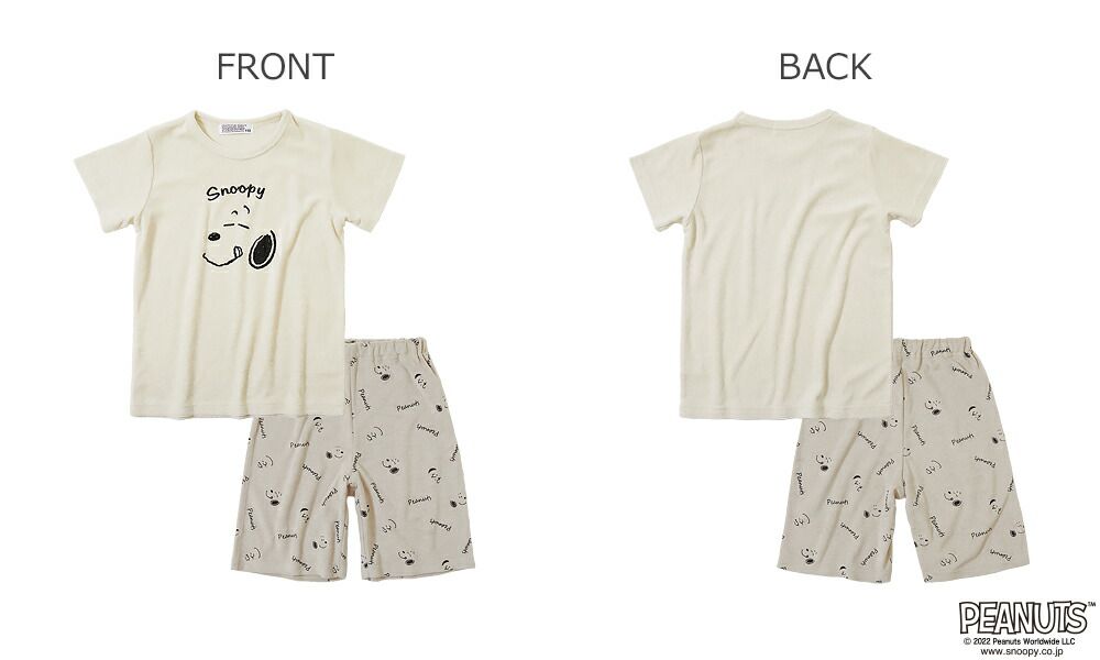 日本 devirock - 透氣涼爽短袖家居服/睡衣-貪吃史努比-奶油杏-男孩