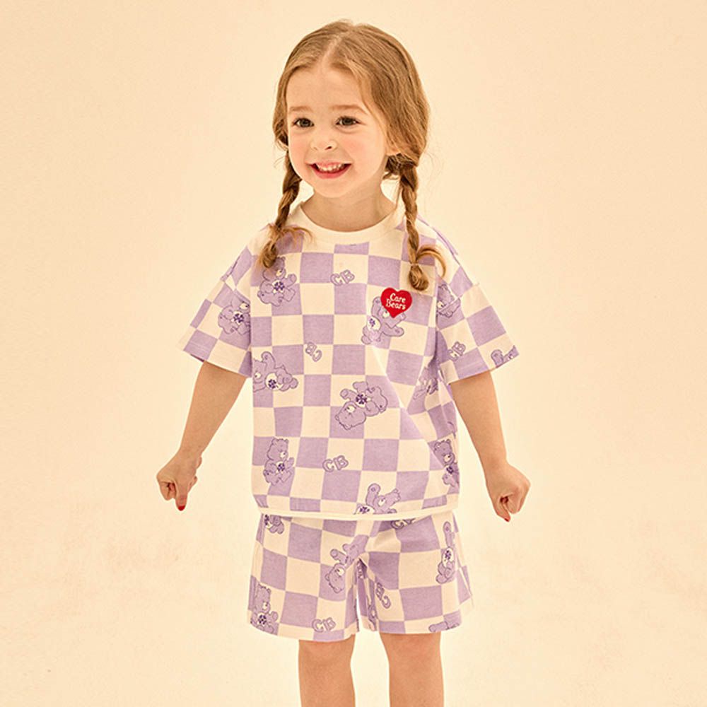 聯名款棋盤格紋短袖套裝-幸運草熊-淺紫