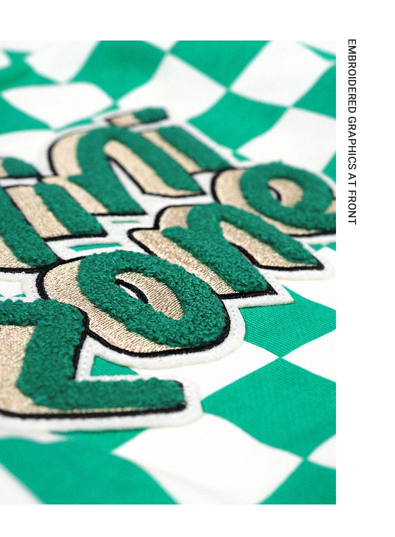 Minizone - 格紋圓領長袖上衣-英文字母-綠+白