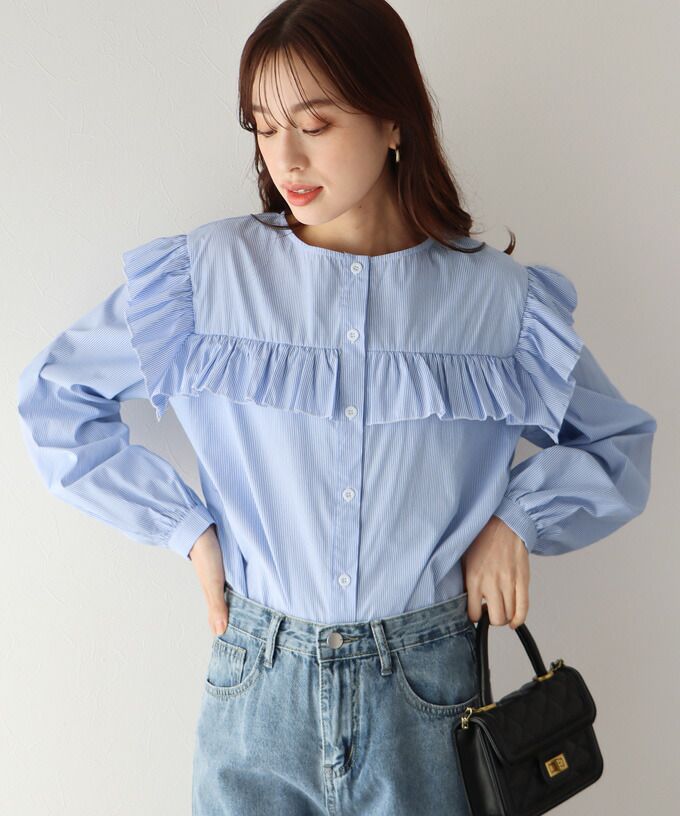 日本 BLUE EAST - 青澀回憶荷葉邊長袖襯衫-湖水綠