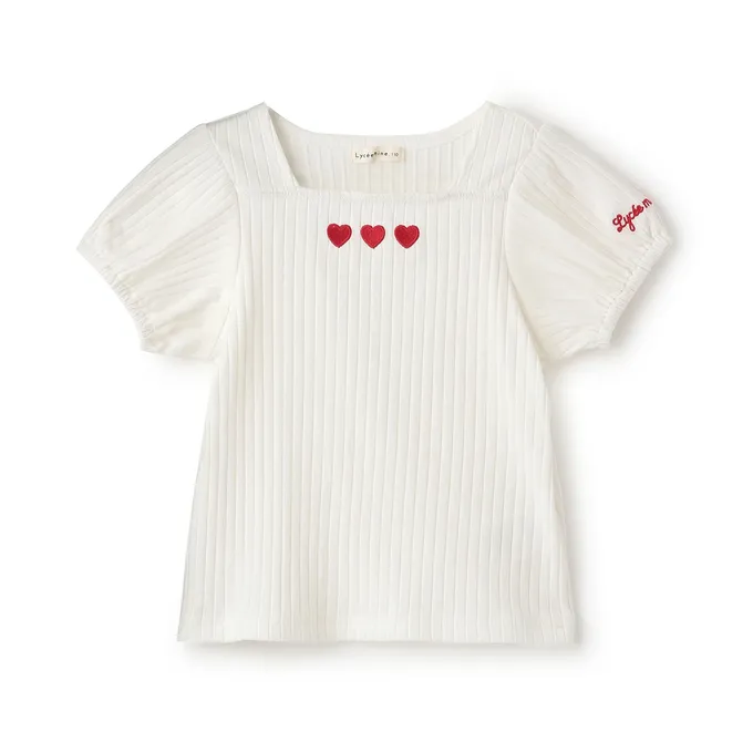 日本 Lycee mine - 方領羅紋可愛刺繡泡泡短袖上衣-小花-薰衣草